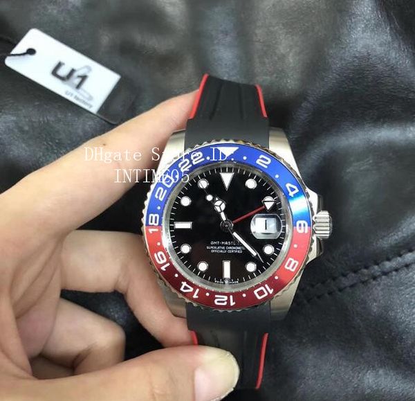 

u1 завод часы автоматические механические движения 116710 gmt каучуковый ремешок синий красный большой увеличитель сапфировое стекло 40мм му, Slivery;brown