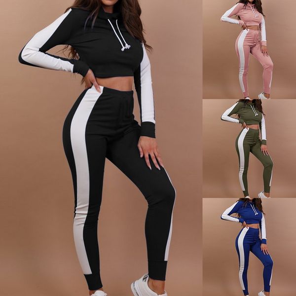 

women tracksuit striped yoga set hooded crop high waist pants sportswear 2 pcs sport suit sweatshirt jumpsuit kg-142, White;red