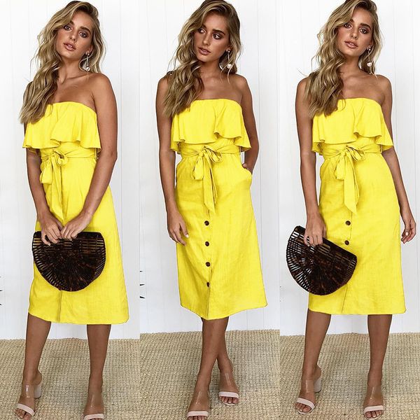 

Summer Sexy Strapless Ruffles Women's Dress 2019 New Solid Sleeveless Sashes Dresses Casual Button Empire Knee-length Thin Dress