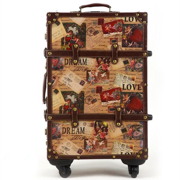 

14 20 24inch suitcase hardshell pu leather+wood 4 wheels a set travel trolley painting cabin luggage retro board chassis lockbox