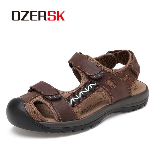 

ozersk summer genuine leather men's beach shoes sandals outdoor shoes fashion men casual shoe flip flops size 38~45, Black