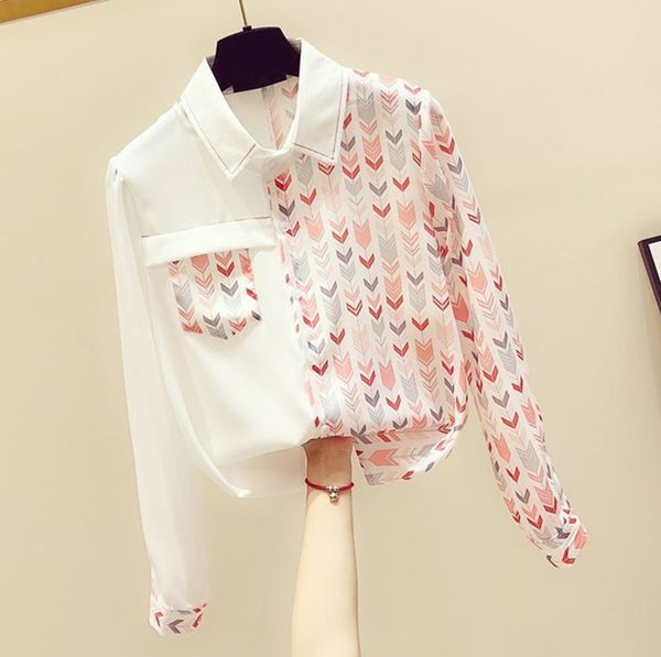 

spring and summer new style shirt with all kinds of slim print loose long sleeve shirt for women, White