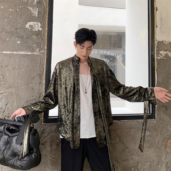 

men autumnstand collar cardigan long sleeve ribbons shining velvet casual shirt kimono outerwear male streetwear hip hop shirts, White;black