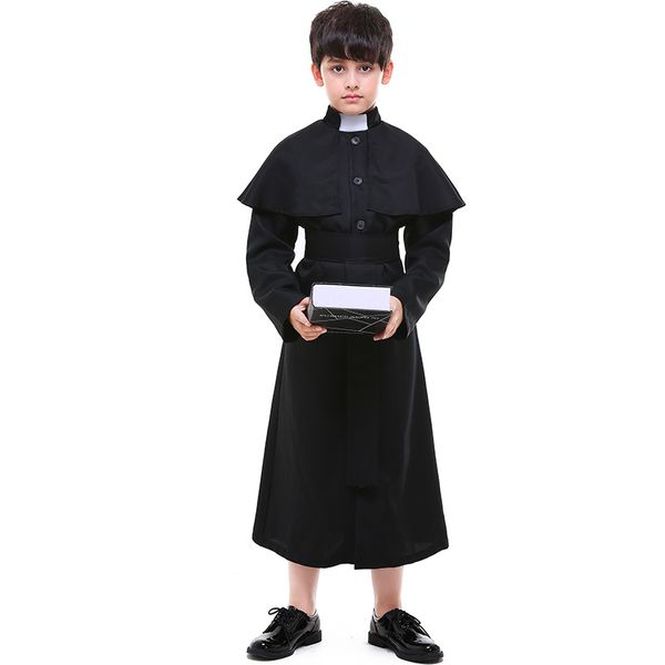 

halloween con party cosplay costume boy monk hooded robes cloak cape kids friar medieval renaissance priest children, Black;red