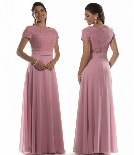 

custom made dusty pink chiffon long modest bridesmaid dresses with short sleeves jewel lace bodice formal evening maids of honor dresses, White;pink