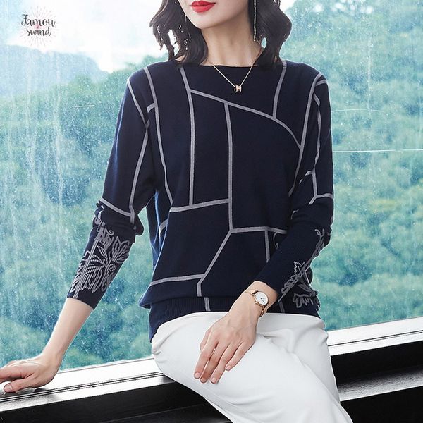 

мода свитера джемперы разрез шеи геометрия печати свитер с длинным рукавом женщины трикотаж осень зима пуловеры высококачественных трикотажн, White;black