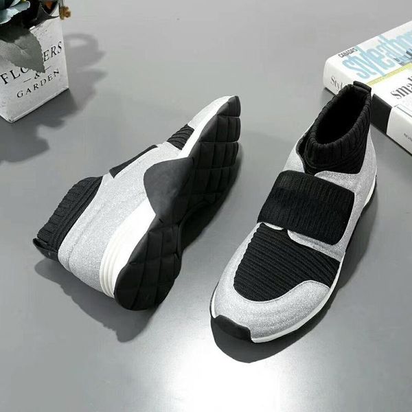 

2019 silver black sock boot stretch knit mid-speed loafers mixed color women's loafers outdoor large size 35-41