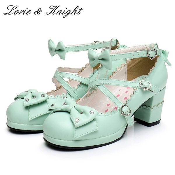 

harajuku sweet lolita cosplay chunky high heel shoes rhinestone bow princess shoes, Black