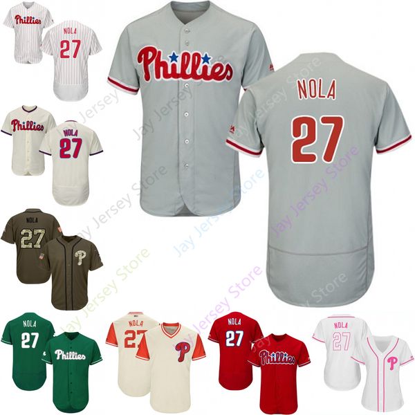 

2019 Philadelphia 27 Aaron Nola Jersey Phillies Jerseys Cool Base Flexbase Home Away White Black Red Grey Pullover Button Men Women Youth