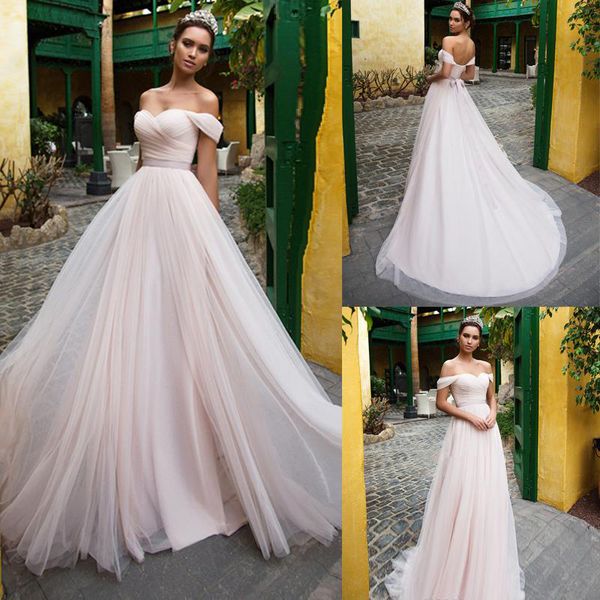 

pink tulle a-line wedding dress 2020 off the shoulder floor length sweetheart sweep train bridal gowns custom made vestido de noiva, White