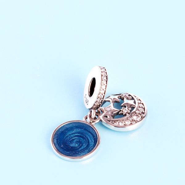 

925 sterling silver голубой эмали звезды и луна подвеска подвески оригинальный ящик для pandora европейского бисера подвески ожерелье брасле, Bronze;silver