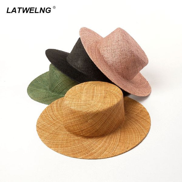 

2020 fashion solid panama hats for women pink beach hat precious grass summer flat vacation cap wholesale dropshipping, Blue;gray