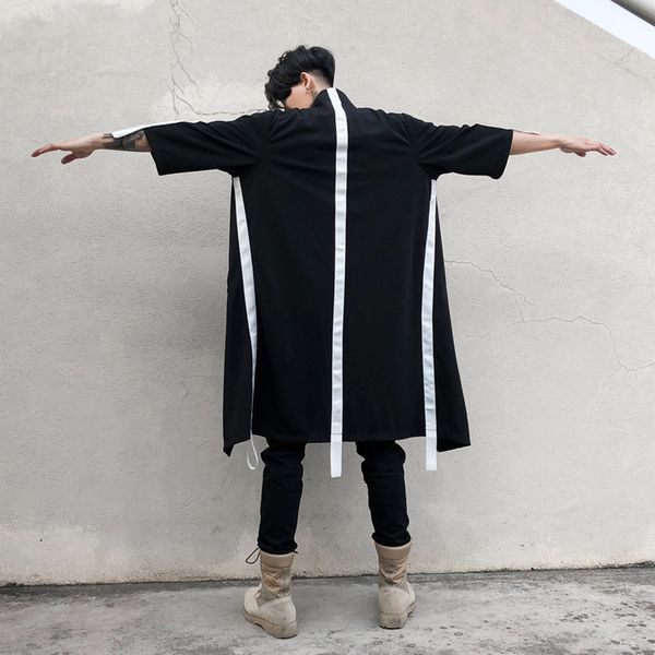 

ribbon decoration men's long section windbreaker hair stylist tide male youth loose five-point sleeve long coat mens gothic, Tan;black