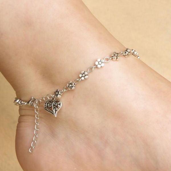 

anklet bracelet silver hollow plum flower foot ornament peach heart-shaped chain bracele foot chain for beach cute anklets women and girls, Red;blue