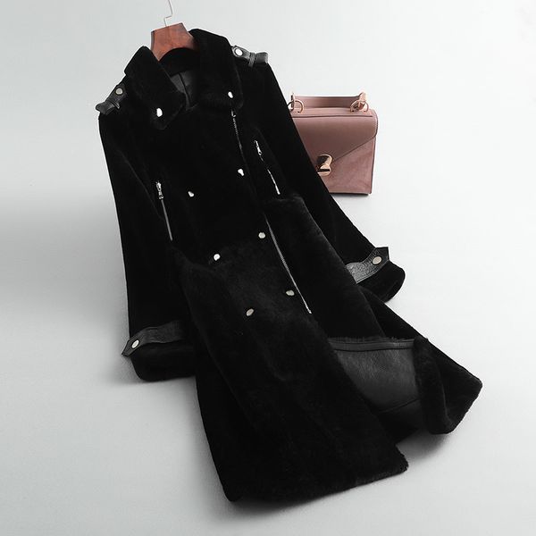 

autumn winter coat women clothes 2020 korean vintage natural real fur coat female genuine leahter jacket double-faced fur, Black