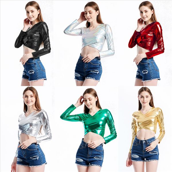 

2019 bright patent glued stage cross v-neck long sleeve performance 2019 bright leather patent leather glued stage clothes cross v-neck long, White
