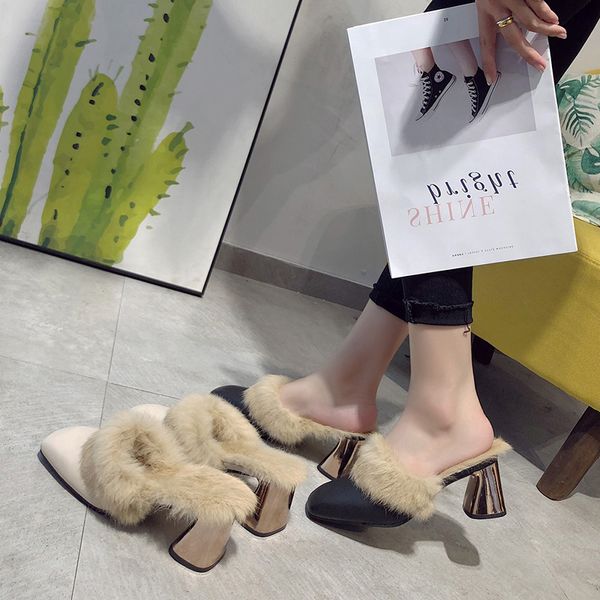 

slippers fur loafers square heel shoes med 2019 new women slides socofy plush block soft rome hoof heels rubber with fur pu, Black