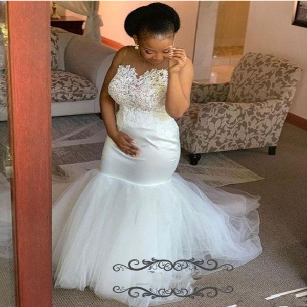 

simple african wedding dresses with sheer neck appliques lace satin and tulle bridal gowns sweep train plus size wedding dress cheap, White