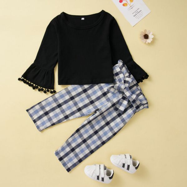 

Toddler Kid Baby Girl Infant Clothes T-shirt Tassel Flare Sleeve Top Long Plaid Knot Pants Outfit Set