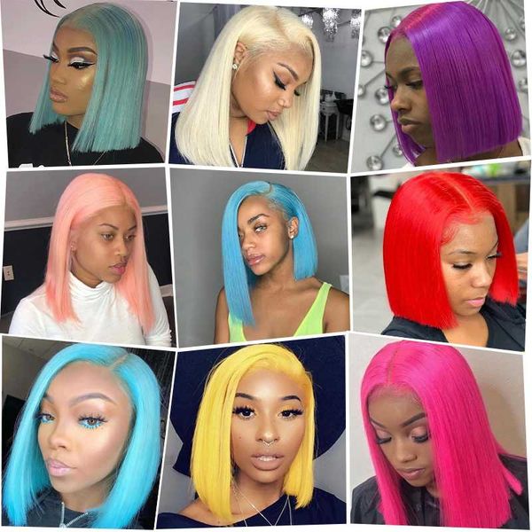 

ali coco 150% lace front human hair wig 613 blonde short bob cut wigs for black women brazilian pink green straight ombre wigs, Black;brown