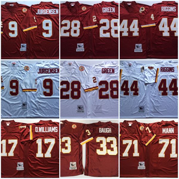

mens #33 sammy baugh vintage football jersey #28 darrell green 9 sonny jurgensen 44 john riggins 17 doug williams 71 charles mann jersey, Black;red
