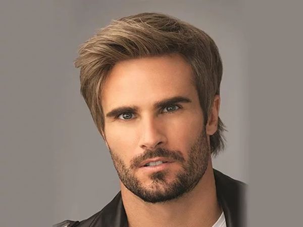 

fashion men's short gold hair with side-swept fringe wig high-temperature fiber chemical fiber fluffy hair wig headgear wigs, Black