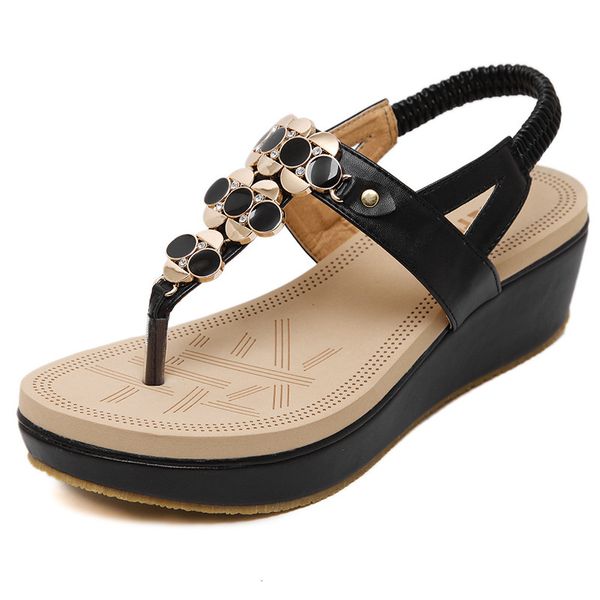 

new 2018 women rhinestone fashion gladiator sandals women summer wedge shoes beaded platform sandals flip flops sandalias mujer, Black