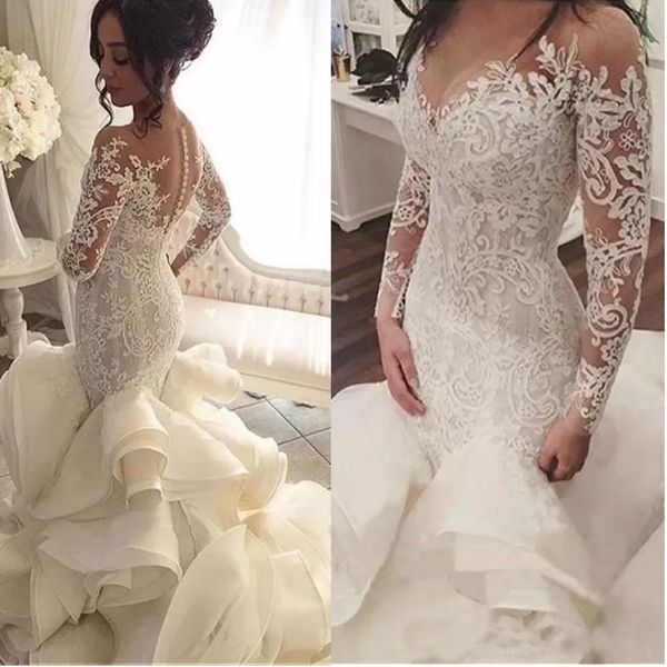 

2019 elegant long sleeves wedding dresses v neck vintage mermaid appliques lace tulle bridal gowns for wedding, White