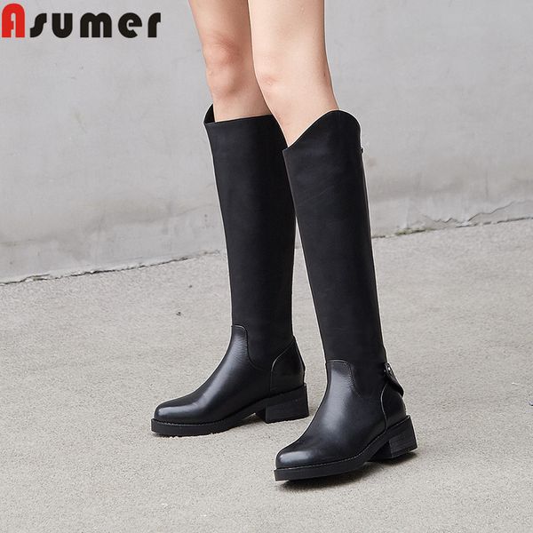 

asumer big size 34-43 fashion genuine leather boots round toe zip ladies knee high boots square heels riding women 2020, Black