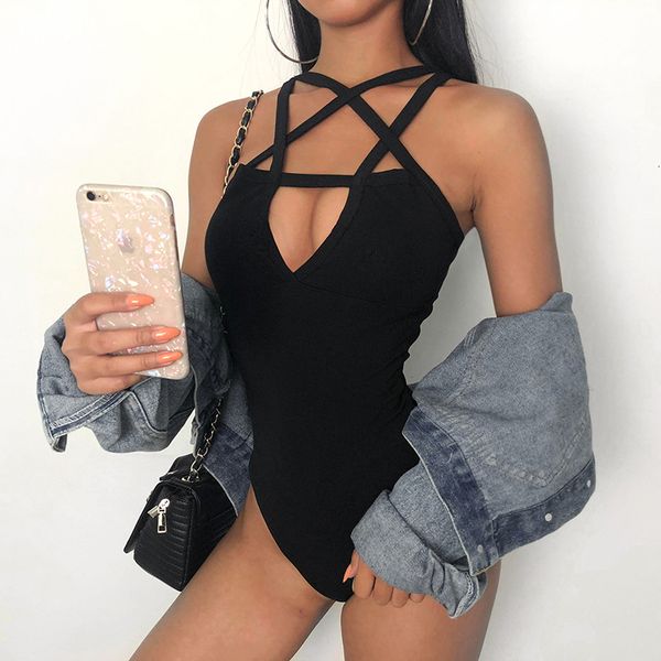 

jumpsuit ladies rompers for women polyester backless star pattern cross bandage skinny 2019 streetear sleeveless open crotch, Black;white