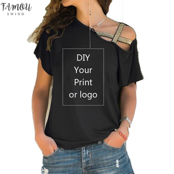 

customized print t shirt for women diy your like p or logo t shirt femme irregular skew cross bandage size, White