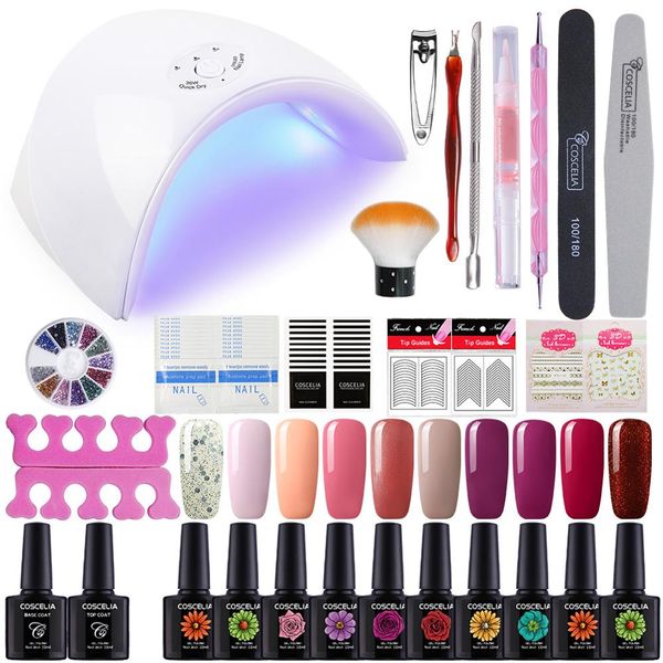 

coscelia 36w uv led lamp 10pcs glass bottle set for nail art tools manicure kit nail polish set fashionable color uv gel polis