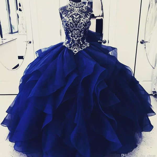 Luxuoso Sexy Royal Blue Dresses Prom Quinceanera alta Neck frisados ​​Cristais Tiers Organza vestido de baile Evening desgaste do partido do doce 16 de vestido