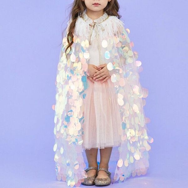 

kids girls fairy glitter holorgram colorful sequins cape colorful fish scales cosplay costume princess rope carnival party cloak, Blue;gray