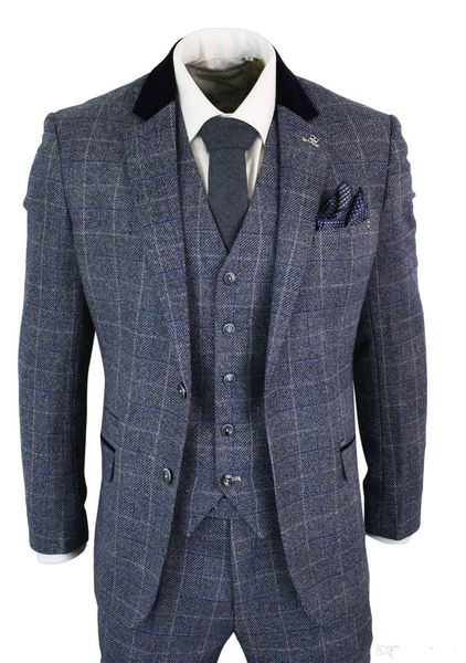 

mens suits blue navy 3 piece tweed suit herringbone vintage peaky blinders custom made groom wear wedding tuxedos, Black;gray