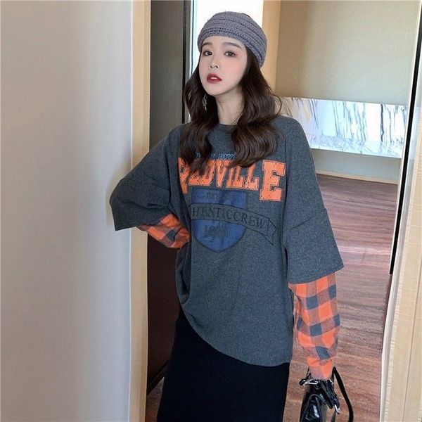 

nicemix women long sleeve t shirt o neck fake two pieces loose casual shirt tee girl harajuku letter printed bottoming top, White