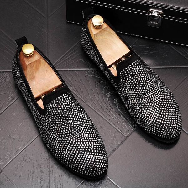 

trending men casual comfort loafer shoes fashion round toe slip on flat shoes rhinestone silver lazy man size 38-43, Black