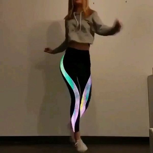 

women rainbow reflective leggings gym fitness slim stretch elastic glow in dark pants trousers fashion sportswear workout, Black