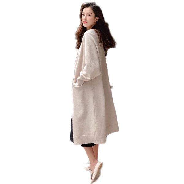 

2019 spring autumn fashion women knitting cardigan coat female solid v-neck long sleeve croche knit sweater long coat a117, White