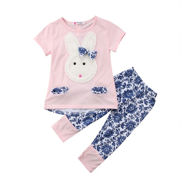 

2pc младенца детская одежда девушки наборы рубашка топы + короткие штаны набор цветов кролика одежда смазливая белый кролик девочка 1-4y, White