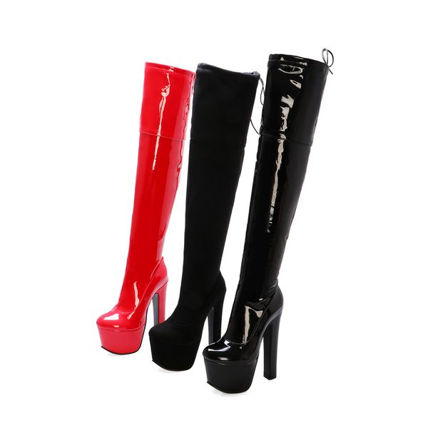 

sarairis new 33-43 17cm high heels over the knee boots ladies platform thigh high boots women 2019 winter fur shoes woman, Black