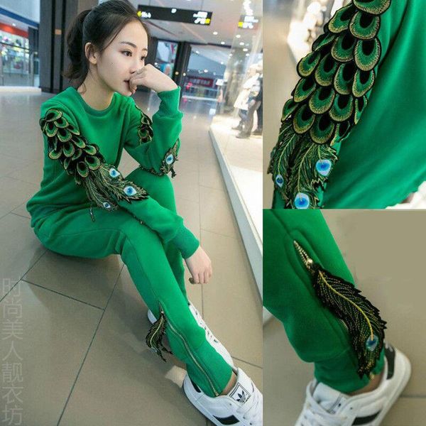 

survetement femme marque tracksuit women casual hoodies sweatshirt peacock wings cotton 2 piece set women sporting suit kawaii, Gray