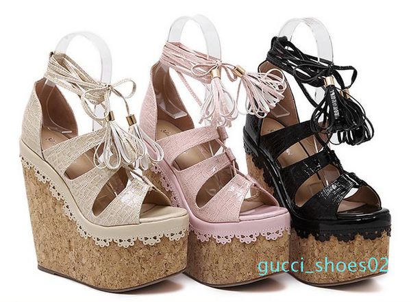 

size 34 to 40 lena vivi beige lace up cross strap platform wedge heel sandals super high 16cm pink black 2017 g02