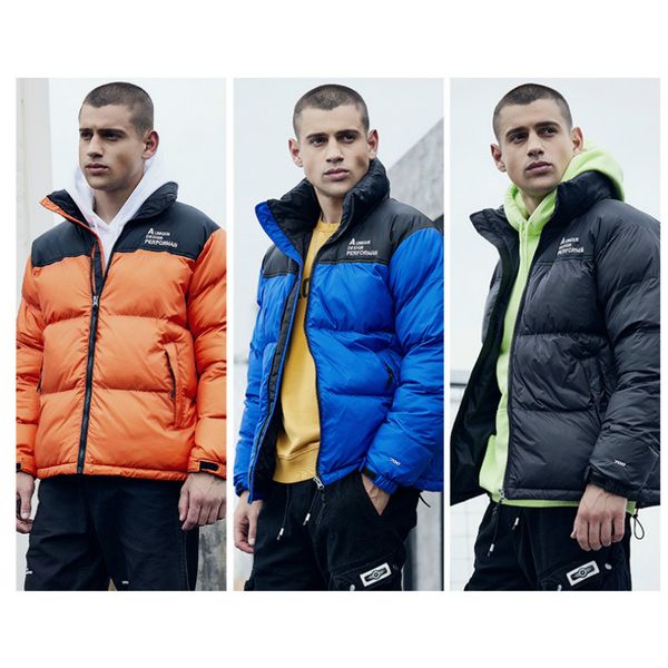 

mens fashion down parkas deisnger jackets in winter tide brand spliced stand neck letter embroidery printed warm down coat