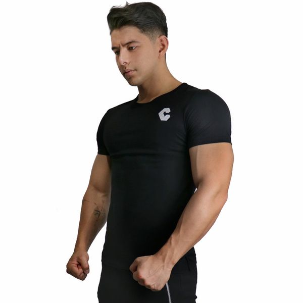 

mens running skinny t-shirt short sleeve cotton t shirt male gym fitness bodybuilding training male tees crossfit clothing, Black;red