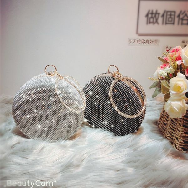 

women fashion crystal diamond studded circular evening bag shining sparking sequin cloth clutch purse metal frame handbag