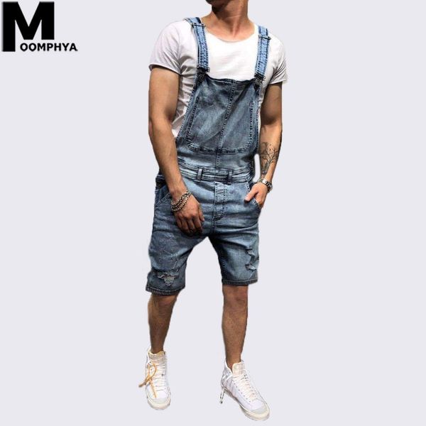 

moomphya 2019 new arrived streetwear ripped holes overalls short jeans men hip hop men romper pants denim jeans cargo pants, Blue