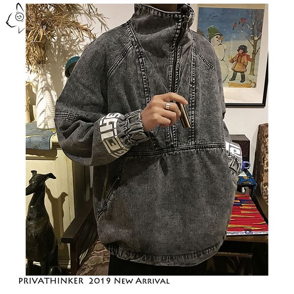 

2019 streetwear sweatshirt man denim jacket harajuku casual jacket high collar coat oversized letter, Black;brown