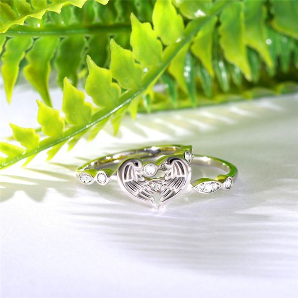 

fashion crystal female wing ring set creative silver color wedding ring simple love heart engagement rings for women, Slivery;golden