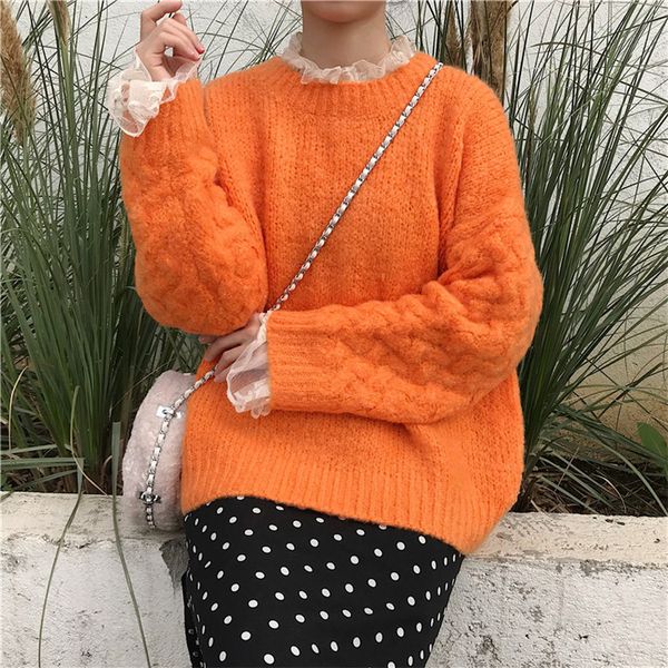 

2019 spring new arrival o neck twist knitted pullover chic splicing of lace loose women sweaters and pullovers ing, White;black